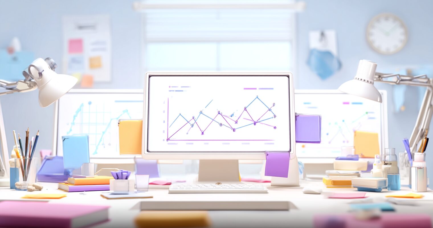 明るいデスクでSEO分析作業をしている様子をイメージしたイラスト